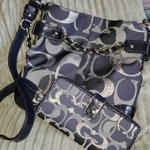 Coach Signature Blue Silver F19820 Handbag with matching wallet.